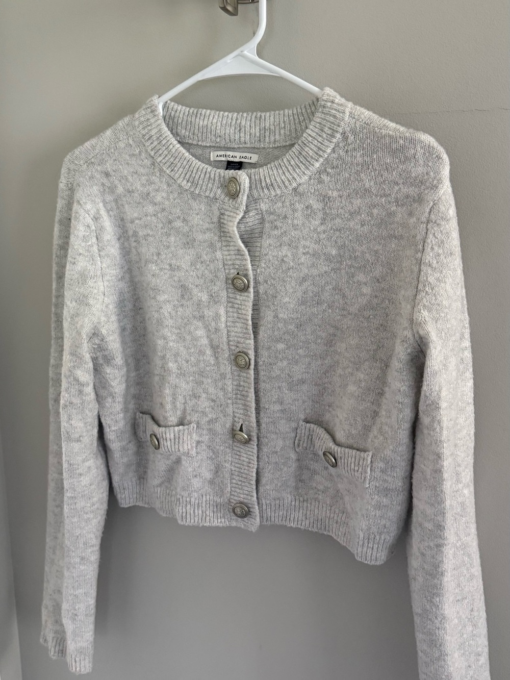 American Eagle Outfitters Light Gray Button-Front Pocket Cardigan
